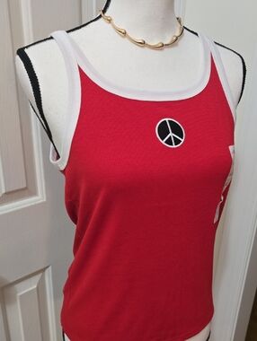 SO BRAND WOMEN'S JUNIORS RED & WHITE TANK TOP W/ PEACE SYMBOL SIZE MEDIUM